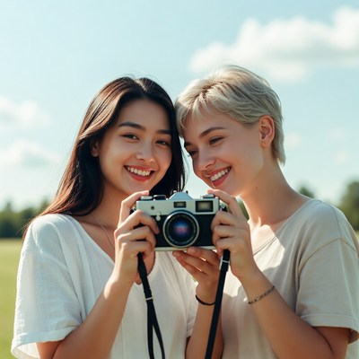 Two Asian women holding vintage camera