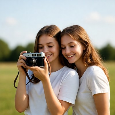 Twin girls holding vintage camera outdoors