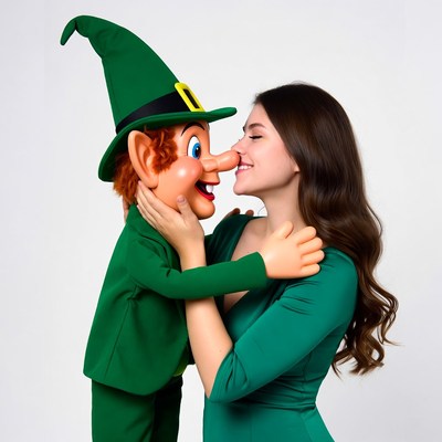 Woman hugging leprechaun costume