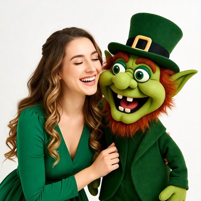 Woman hugging leprechaun plush toy