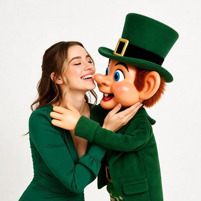 Woman hugging leprechaun mascot