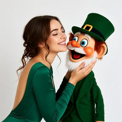 Woman hugging leprechaun puppet