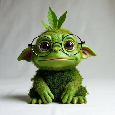Cute mossy green goblin with glasses