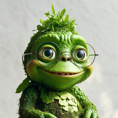 Cute mossy green frog wearing glasses