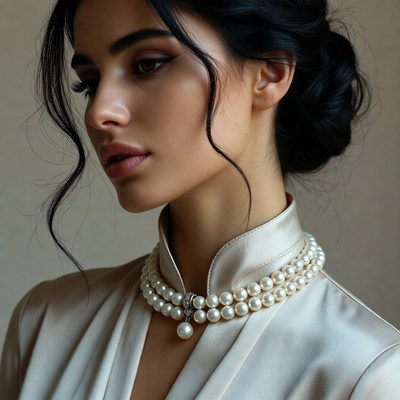 Woman with pearl necklace in silk blouse