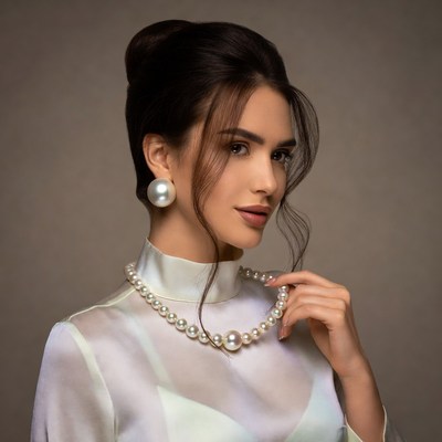 Woman wearing pearl necklace and earrings