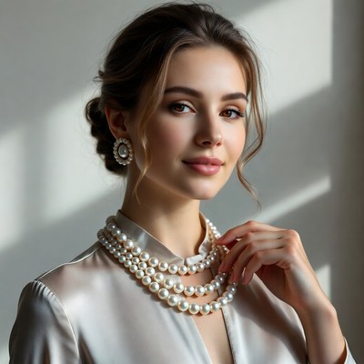 Woman wearing pearl necklace