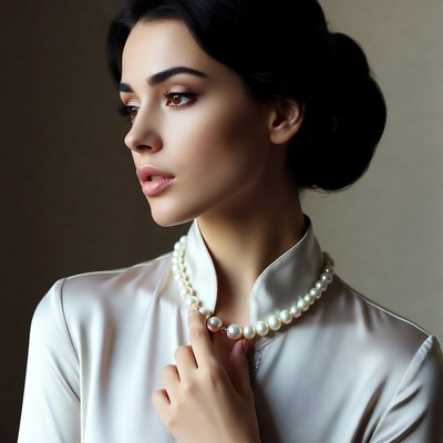 Woman touching pearl necklace