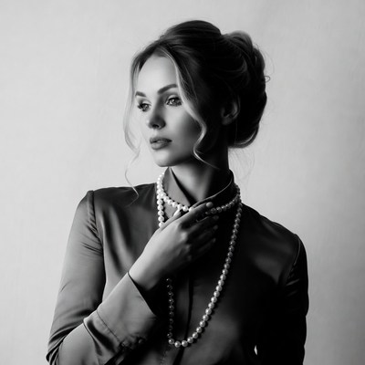 Woman touching pearl necklace