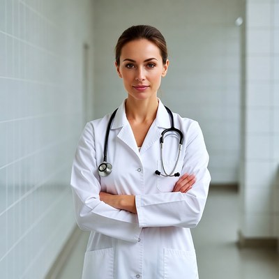 Female doctor arms crossed hallway