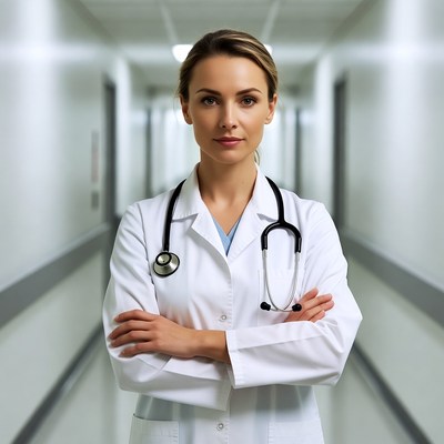 Female doctor in hospital hallway