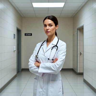 Female doctor arms crossed hospital corridor