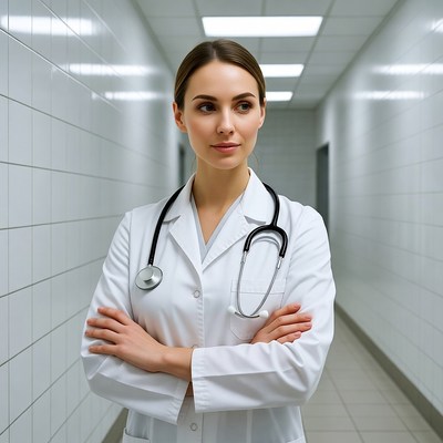 Female doctor arms crossed hospital corridor