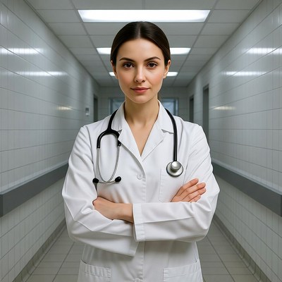 Female doctor arms crossed hospital corridor