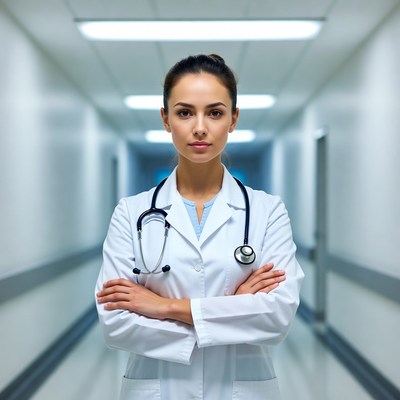 Female doctor with stethoscope in hospital corridor
