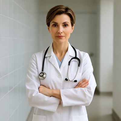 Female doctor arms crossed hallway