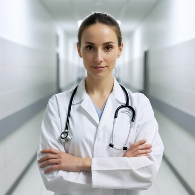 Female doctor in hospital hallway