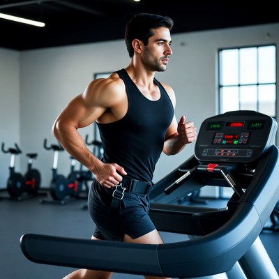 Muscular man running on treadmill