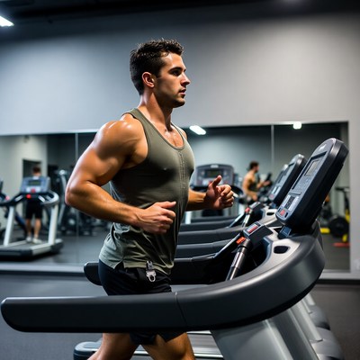 Muscular man running on treadmill