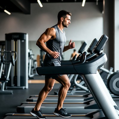 Muscular man running on treadmill