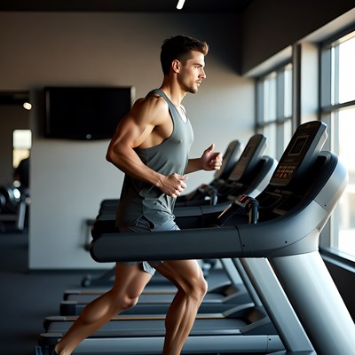 Muscular man running on treadmill