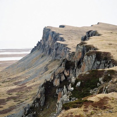 Rugged Cliff Edge Over Grassland