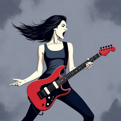 Woman rocking red electric guitar