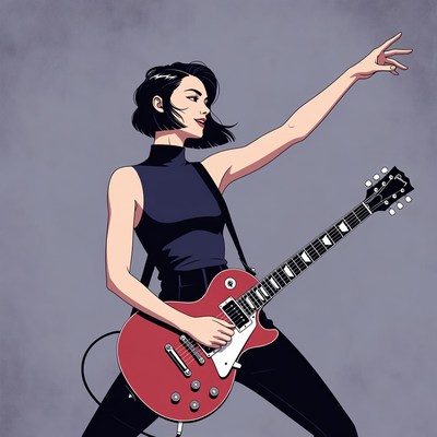 Asian woman playing red electric guitar