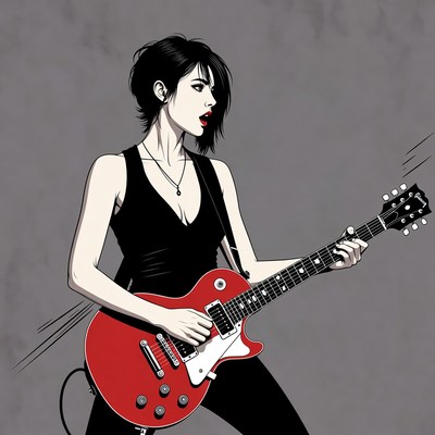 Woman playing red electric guitar