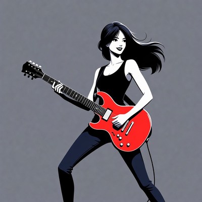 Woman playing red electric guitar