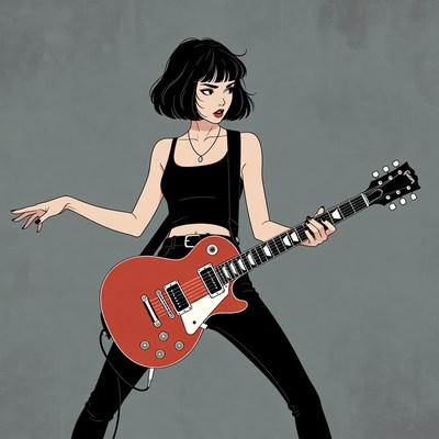 Woman playing red electric guitar