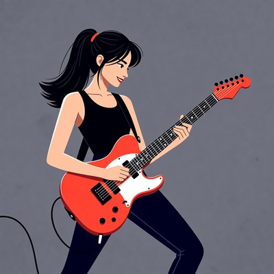 Asian woman playing red electric guitar