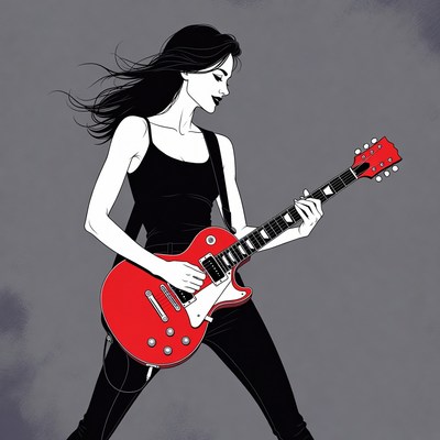 Woman playing red electric guitar
