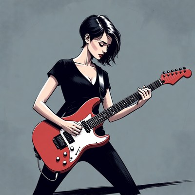 Woman playing red electric guitar