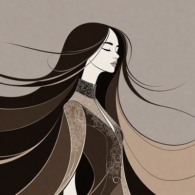 Asian woman with flowing hair illustration
