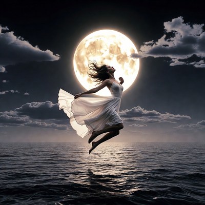 Woman flying over ocean under full moon