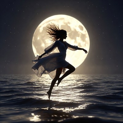 Silhouette woman jumping over moonlit sea