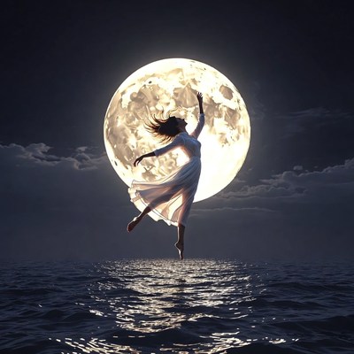 Woman leaping toward full moon over ocean