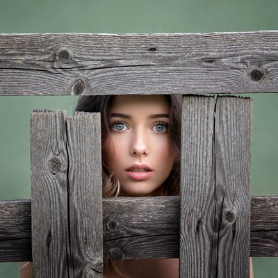 Woman peeking through wooden fence