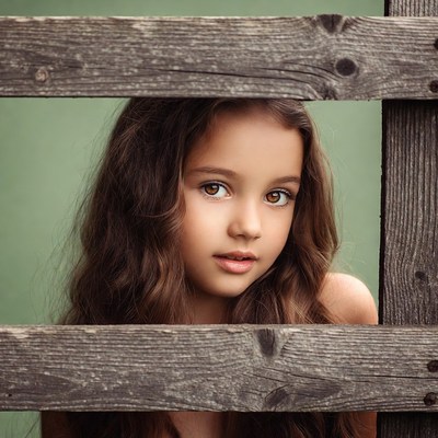 Girl peeking through wooden fence
