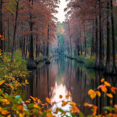 Autumn Bald Cypress Trees Lining Swamp