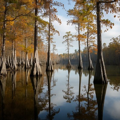 Bald Cypress Trees in Autumn Swamp