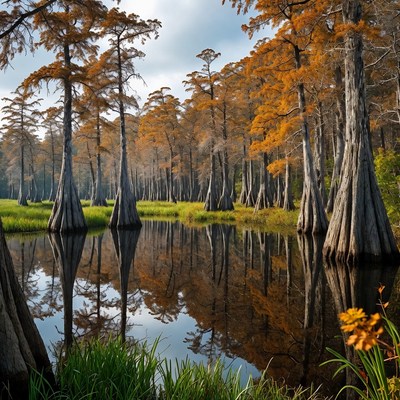 Autumn Bald Cypress Trees in Swamp