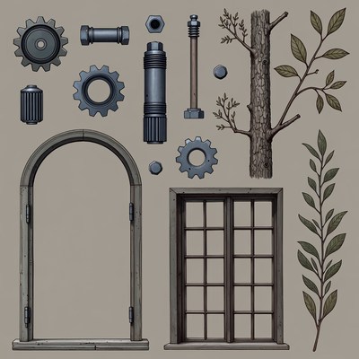 Industrial Gears, Tree, Door, Window Clipart