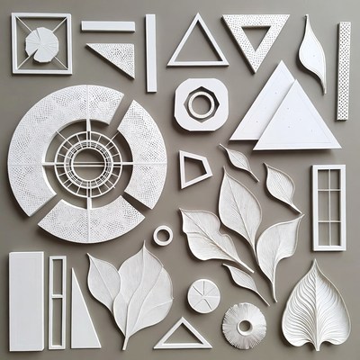 White Geometric Shapes and Leaves