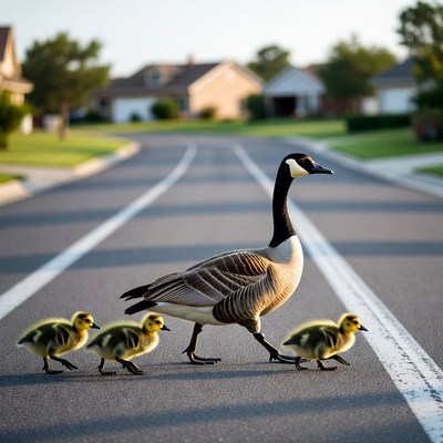 Canada Goose Leading Goslings on Road