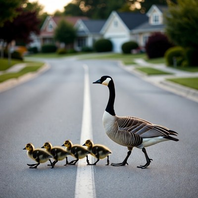 Canada Goose Leading Goslings on Road