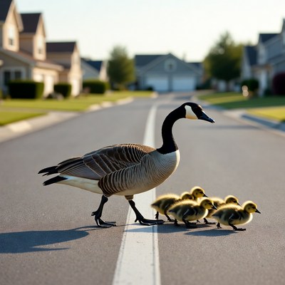 Canada Goose Leading Goslings on Road