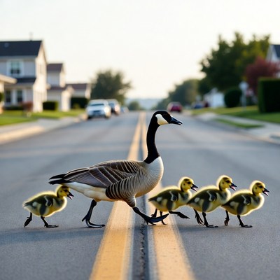Canada Goose Leading Goslings on Road