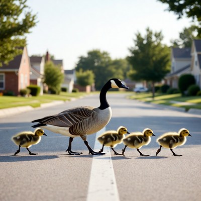 Canada Goose Leading Goslings on Street